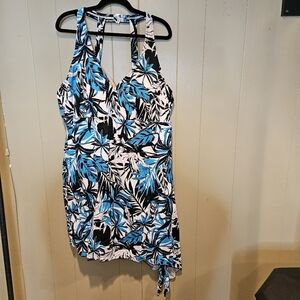 Swimsuits For All Tropical Print One-Piece, Plus-size 28, Blue & White Beachwear